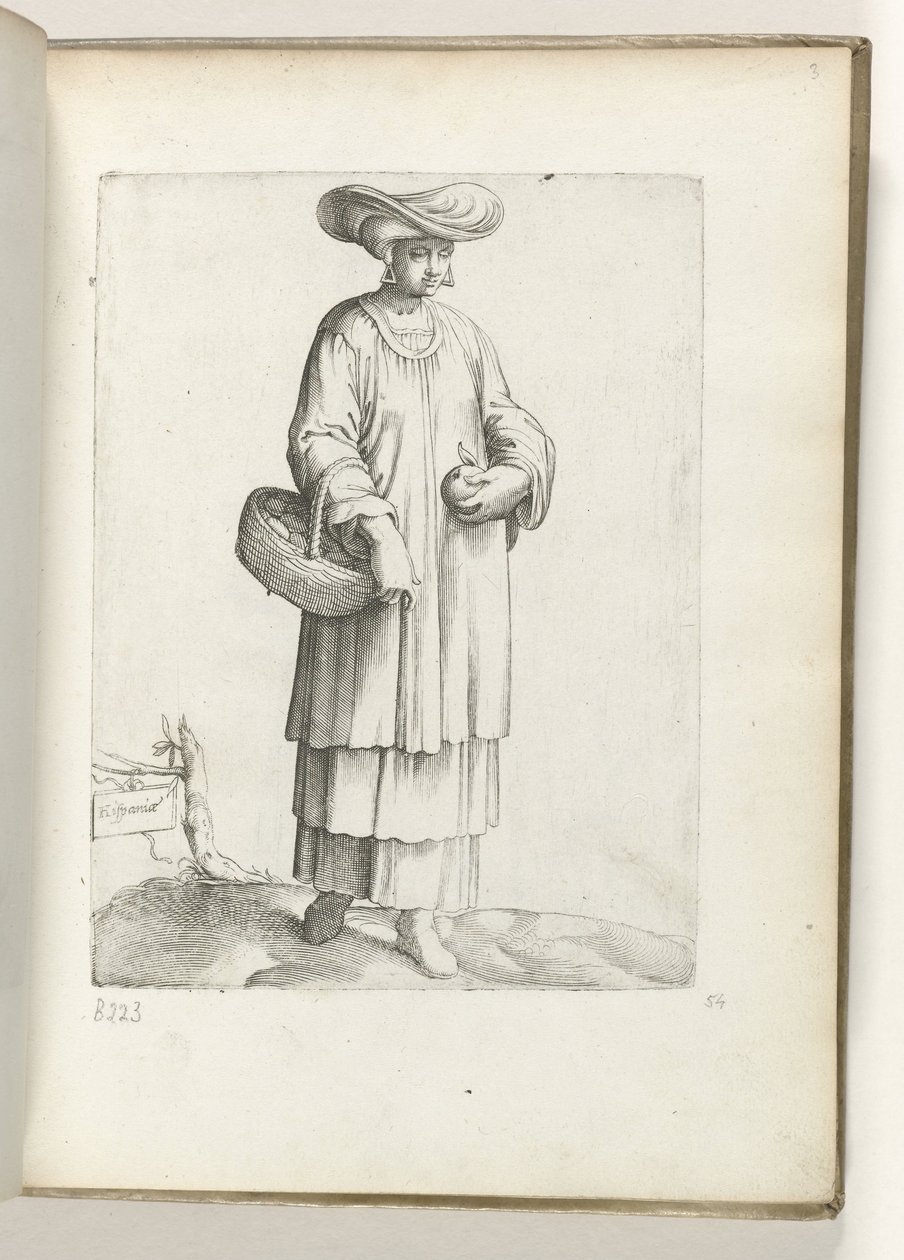 Španělsko (název na objektu) Vrouw se setkal s mužem ve Spaanse kleding. ca. 1550 Postoje různých národů našeho věku (název série) od Enea Vico