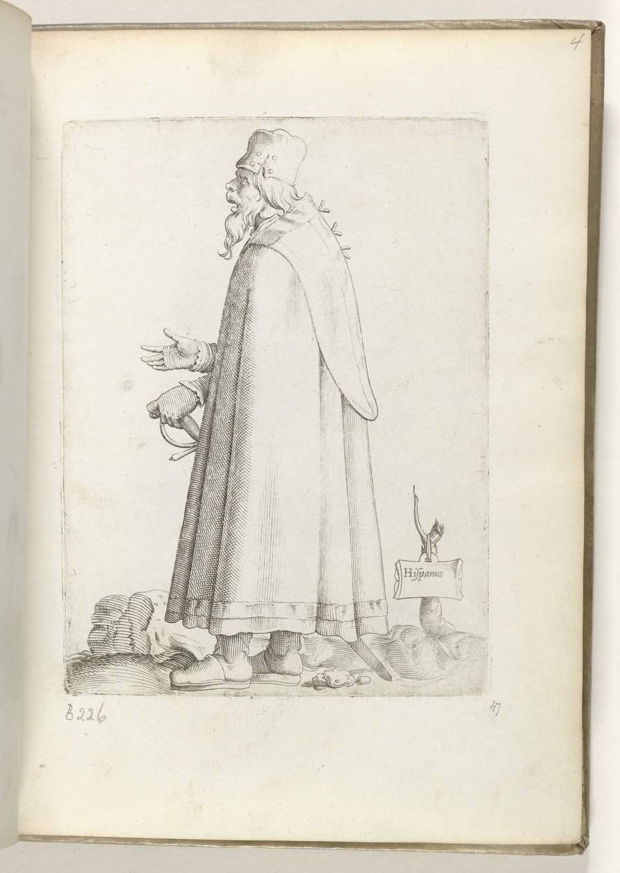 Španělština (název na objektu) Oude man, naar links, ve španělštině kleding. ca. 1550 Postoje různých národů našeho věku (název série) od Enea Vico