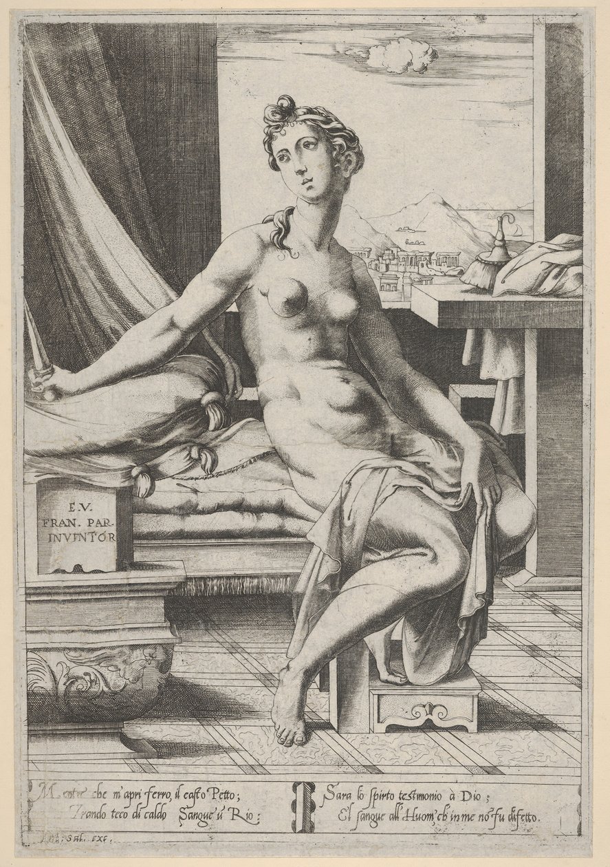Lucretia nahá a sedící před oknem, v pravé ruce dýku a d..., ca. 1535-67. od Enea Vico