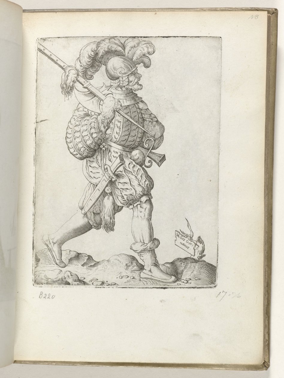 Německý voják (titul na předmětu) Duitse soldaat, gekleed volgens de mode van ca. 1550 Postoje různých národů našeho věku (název série) od Enea Vico