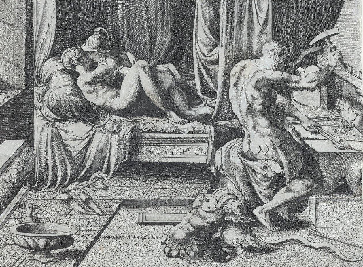Venuše a Mars se objímají jako Vulcan Works at His Forge, 1543. od Enea Vico