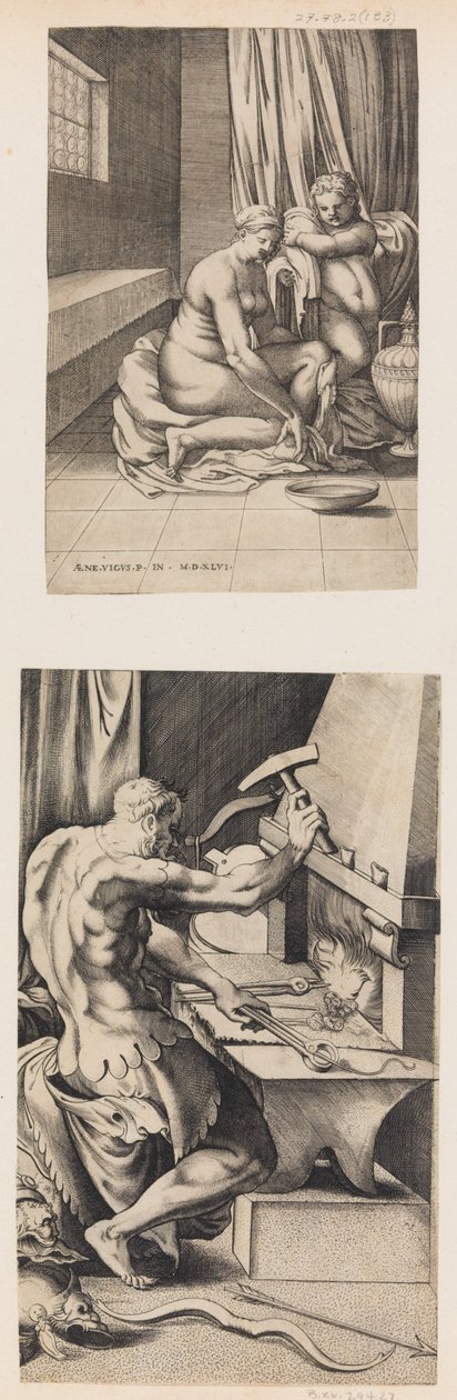 Venuše na její toaletě a Vulkán pracující v jeho kovárně, ca. 1546. od Enea Vico