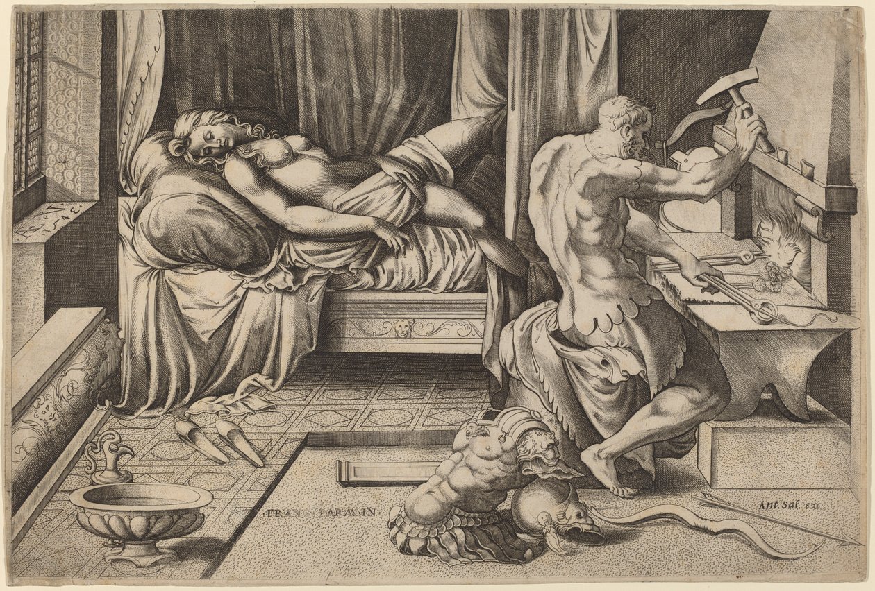 Venuše ležící s Vulkánem v jeho kovárně od Enea Vico after Parmigianino