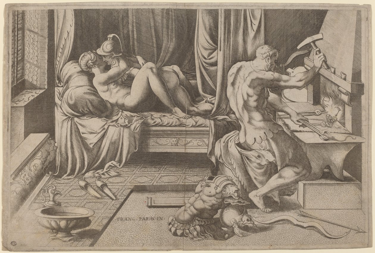Venuše a Mars se objímají s Vulkánem v jeho kovárně od Enea Vico after Parmigianino