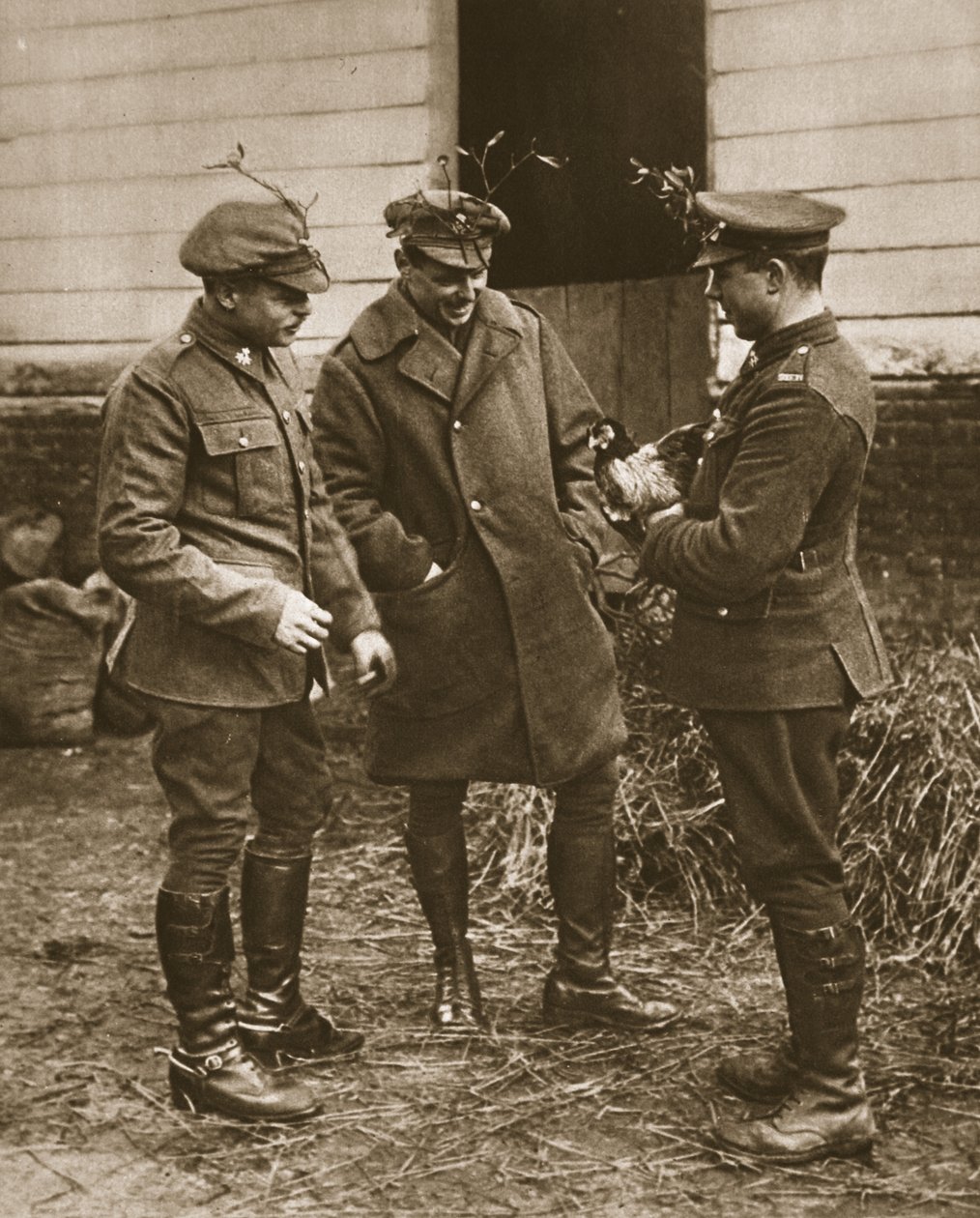 Typická britská skupina: Ilustrace z The Illustrated War News (sépiová fotografie): vojáci se jmelím a kuřetem na Vánoce. od English Photographer