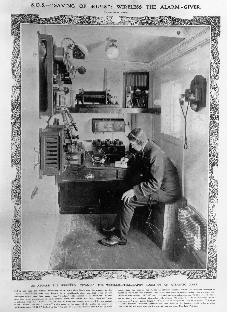 Jak na palubě ztroskotaného Titaniku: bezdrátová telegrafní místnost atlantické lodi, ilustrace z "The Illustrated London News", 20. dubna 1912 od English Photographer