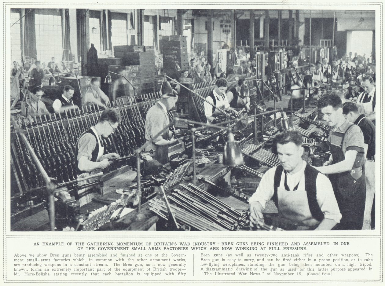 Děla Bren se dokončují a montují v jedné z vládních továren na ruční palné zbraně, z The Illustrated War News, zveřejněné 22. listopadu 1939 od English Photographer