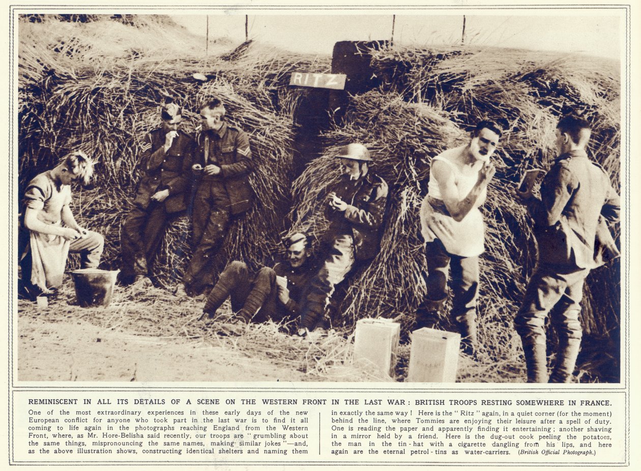 Britská vojska odpočívající někde ve Francii z The Illustrated War News, publikovaná 1. listopadu 1939 od English Photographer