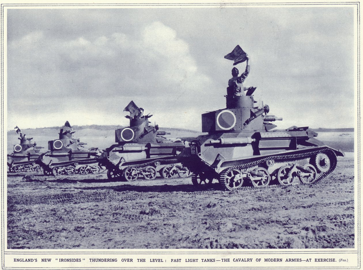 Anglické nové ironsides hřmící nad úrovní, z The Illustrated War News, publikované 1. listopadu 1939 od English Photographer