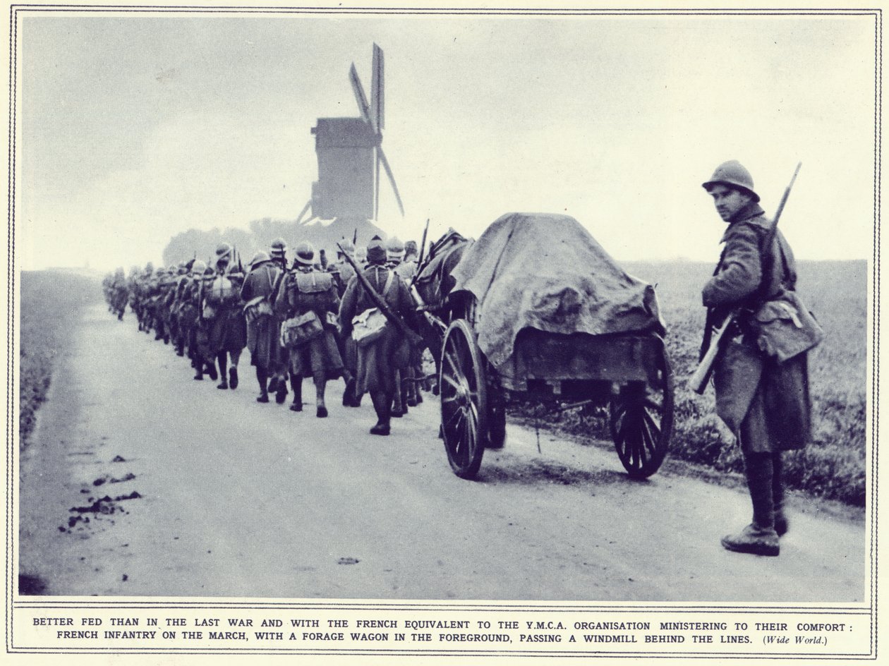 Francouzská pěchota na pochodu, s krmným vozem v popředí, z The Illustrated War News, publikované 22. listopadu 1939 od English Photographer