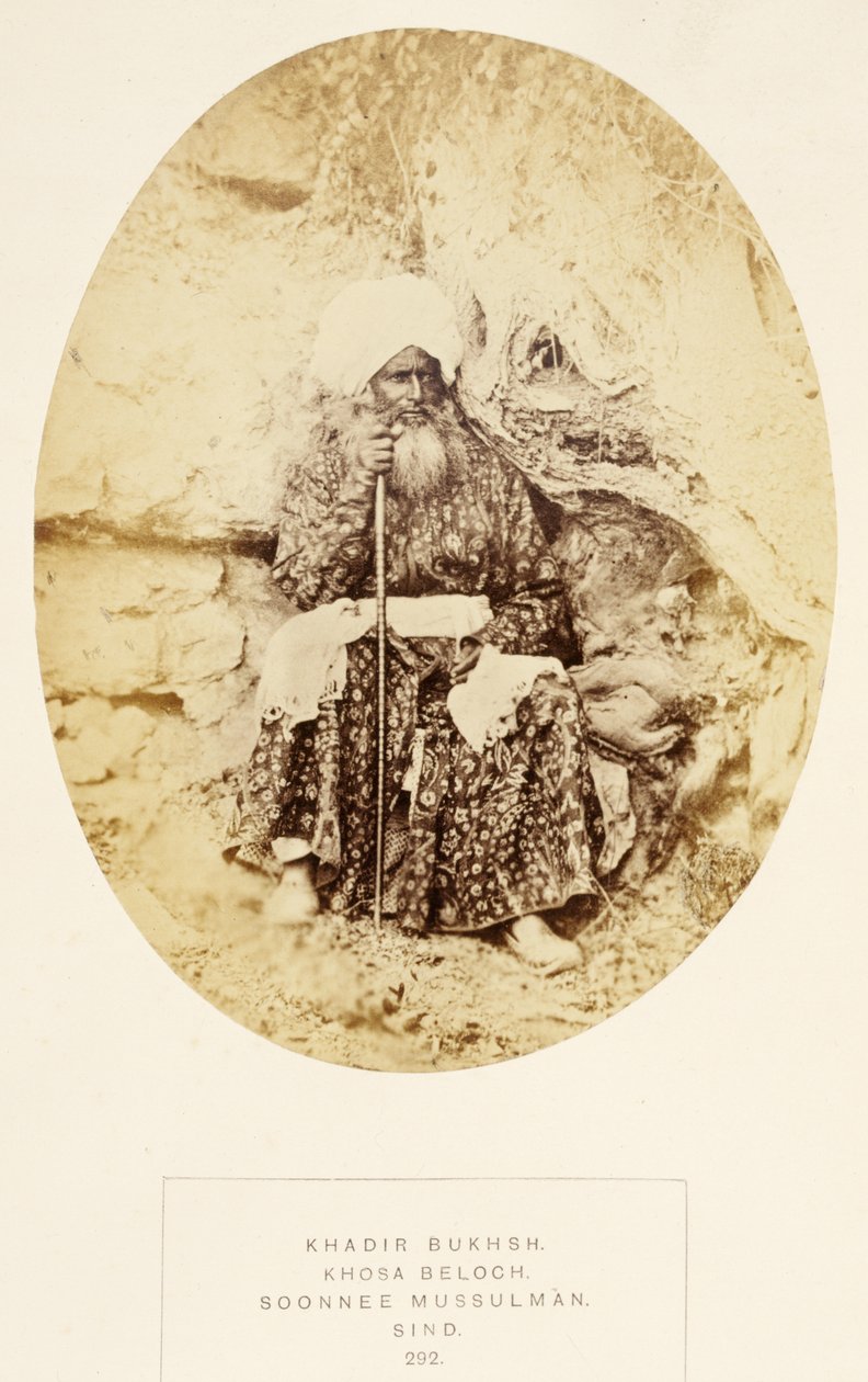 Khadir Bukhsh, Khosa Beloch, Soonnee Mussulman, Sind, z The People of India, od J. Forbes Watson, publikováno 1868 (tisk alba) od English Photographer