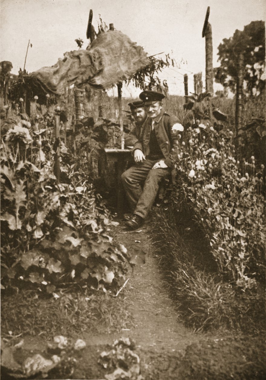 Vězni v jejich zahradě, Eastcote, ilustrace z německých vězňů ve Velké Británii (hlubotisk) od English Photographer