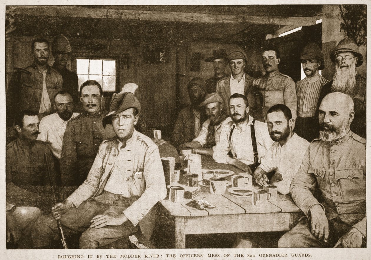Roughing it by the Modder River: the Officers Mess of the 3rd Grenadier Guards, ilustrace z Battles of the Nineteenth Century, sv. VI: Búrská válka 1899-1900 od Archibalda Forbese, G.A. Henty od English Photographer