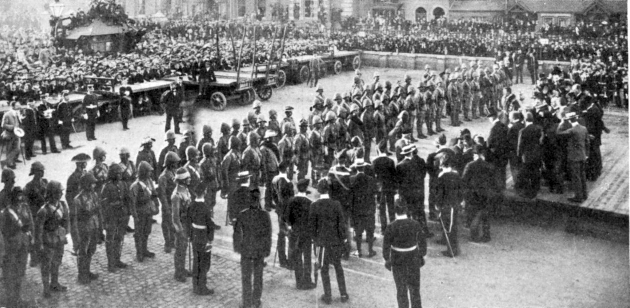 Starosta Lincolnu promlouvá k Lincolnovým dobrovolníkům, ilustrace z The King, 25. května 1901 od English Photographer