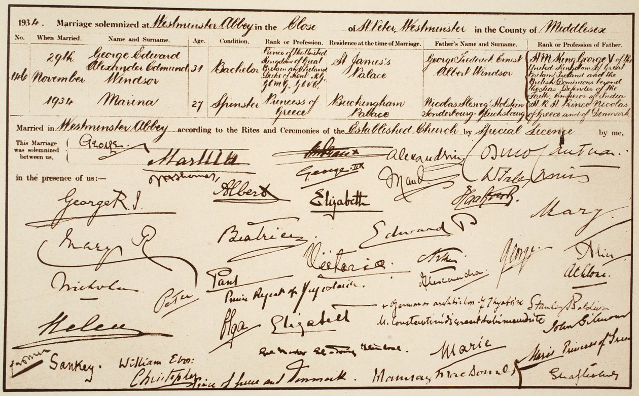 Svatební list vévody a vévodkyně z Kentu, 29. listopadu 1934 od English Photographer