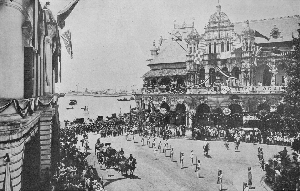 Příjezd vévody a vévodkyně z Cornwallu a Yorku do Singapuru, ilustrace z Krále, 25. května 1901 od English Photographer