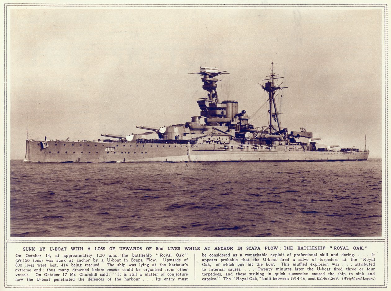 Bitevní loď Royal Oak z The Illustrated War News, publikovaná 1. listopadu 1939 od English Photographer