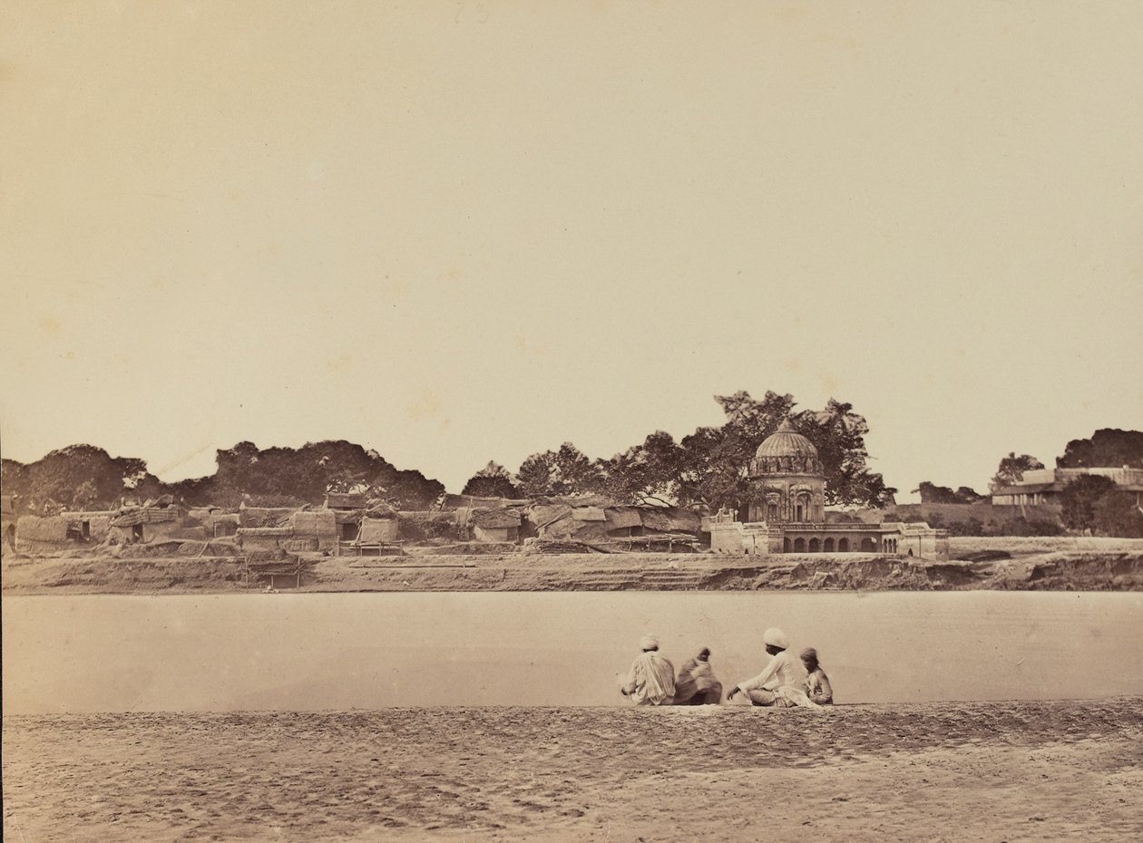 Vesnice u řeky, kolem roku 1858 (sépiová fotografie) od English Photographer