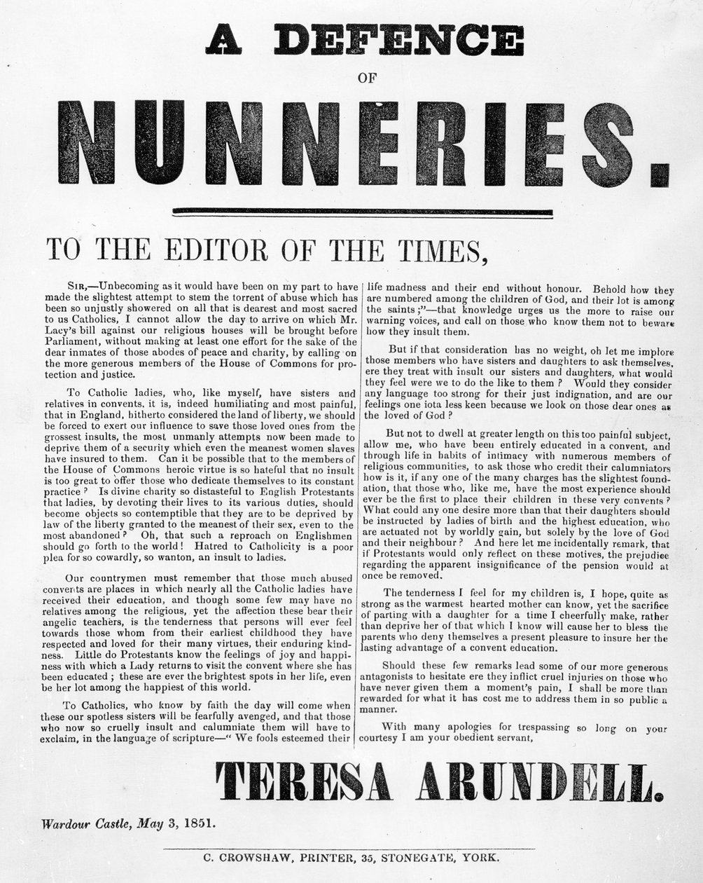 A Defence of Nunneries by Theresa Arundell, 1851 (tištěný papír) od English School