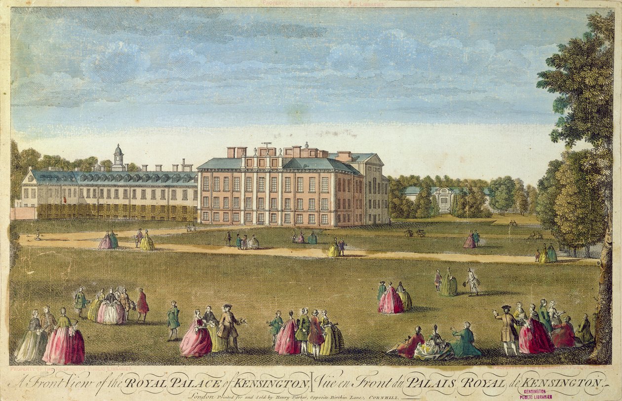 Pohled na královský palác v Kensingtonu (kolorovaný lept) od English School