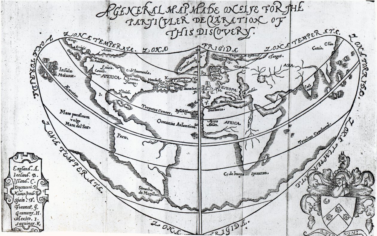 Obecná mapa z „Rozpravy o objevu pro novou cestu do Cataie“, kterou napsal Humphrey Gilbert (c.1539-83) od English School