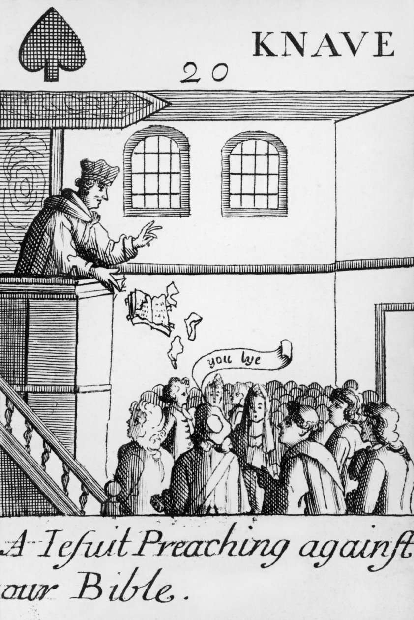 Jezuita káže proti naší bibli, Jack of Spades, ze sady hracích karet, 1679 od English School