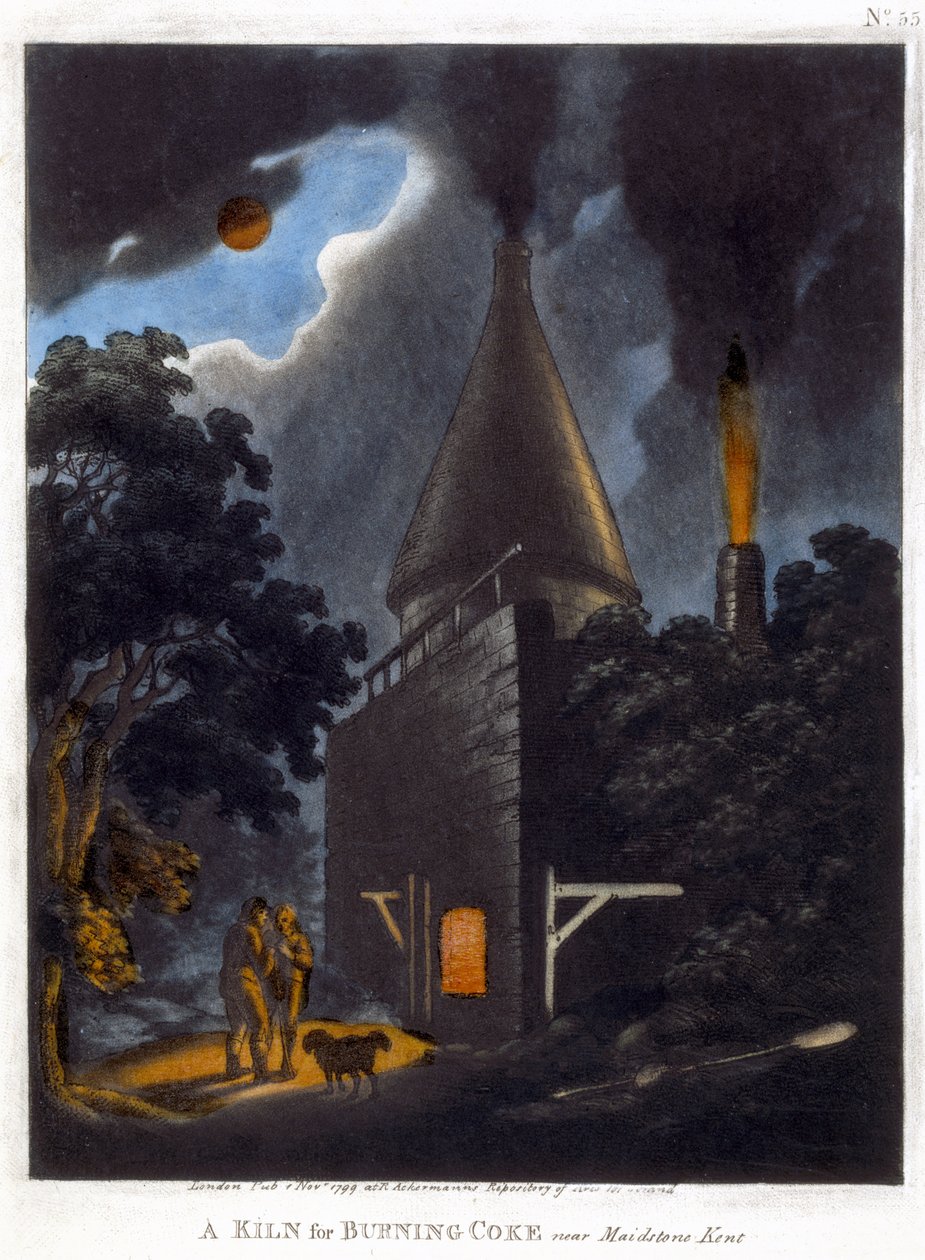 A Kiln for Burning Coke, poblíž Maidstone, Kent, listopad 1799 (barevná akvatinta) od English School