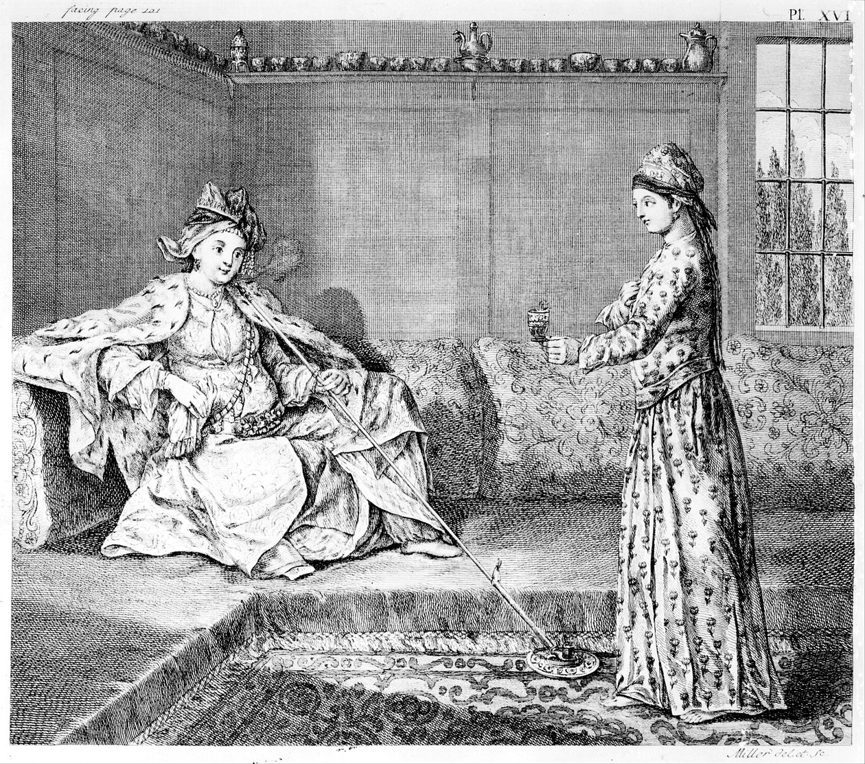 Dáma z Aleppa s dýmkou, ilustrace z knihy "The Natural History of Aleppo" od Alexandra a Patricka Russellových, vydané v roce 1794. od English School