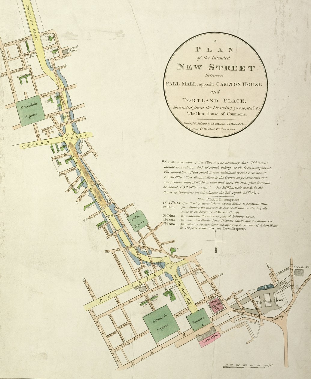 Plán zamýšlené nové ulice mezi Pall Mall, naproti Carlton House a Portland Place, navržený Johnem Nashem (1758-1835) hospodou. od J. Bootha, 1818 od English School