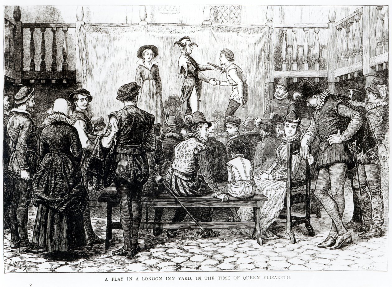 Hra v London Inn Yard v době královny Alžběty, vyryla Joseph Swain (1820-1909) od English School
