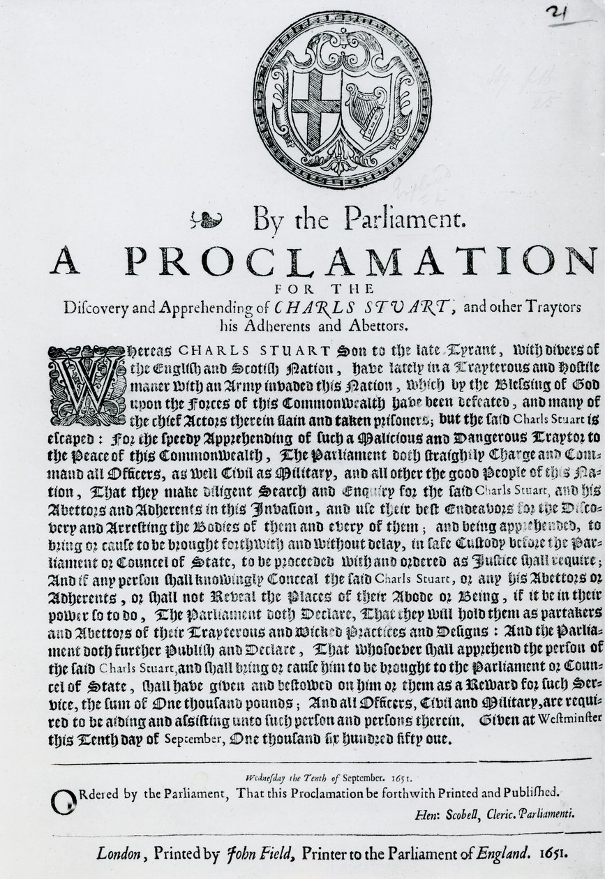 Provolání parlamentu za odhalení a dopadení Karla Stuarta a dalších zrádců, abdherentů a podbízníků, zveřejněné 1651 od English School