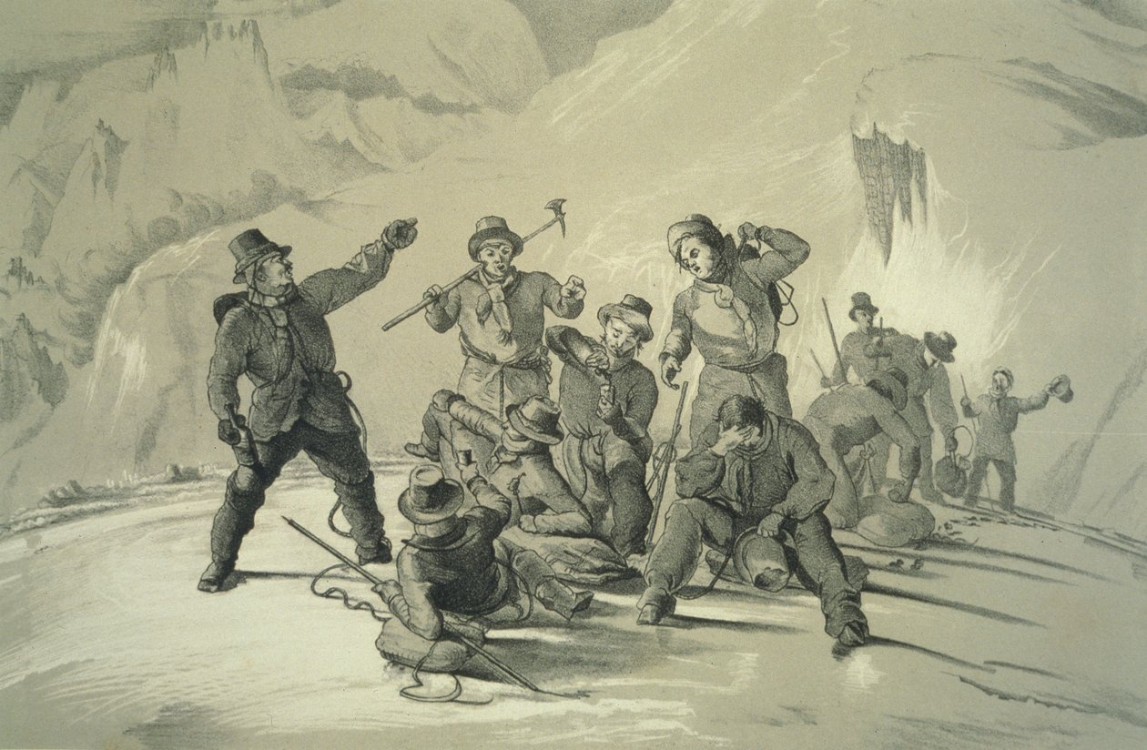 Zastávka pro osvěžení, z deseti scén z posledního výstupu na Mont Blanc včetně pěti pohledů ze summitu, J.D.H. Browne, publikoval 1853 od English School