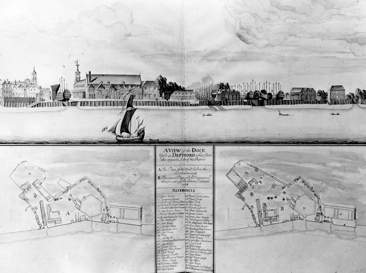 Pohled na loděnici v Deptfordu pořízený z opačné strany Temže, 1698 od English School