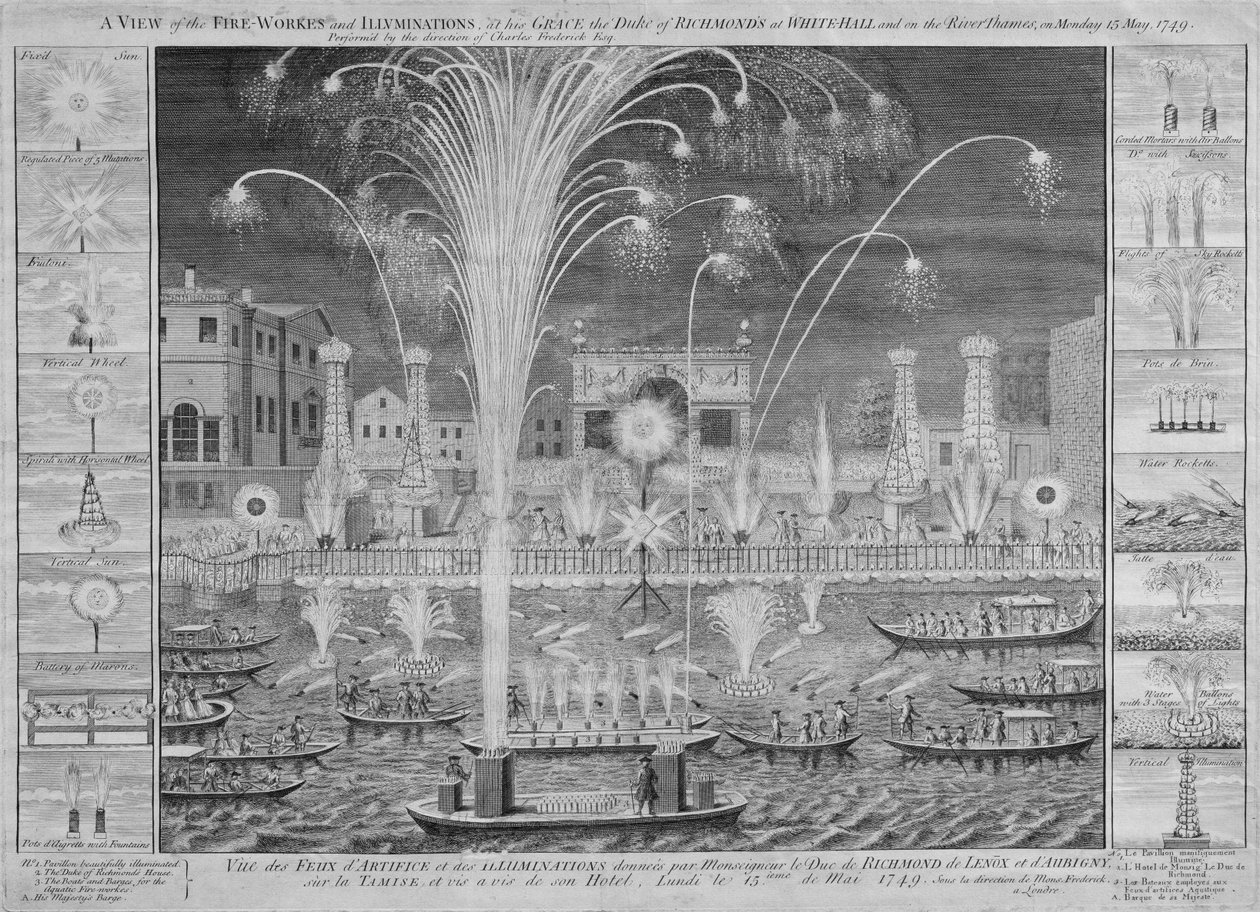 Pohled na ohňostroje a iluminace u jeho milosti vévody z Richmondu ve Whitehallu a na řece Temži, v pondělí 15. května 1749 (viz také 8450) od English School