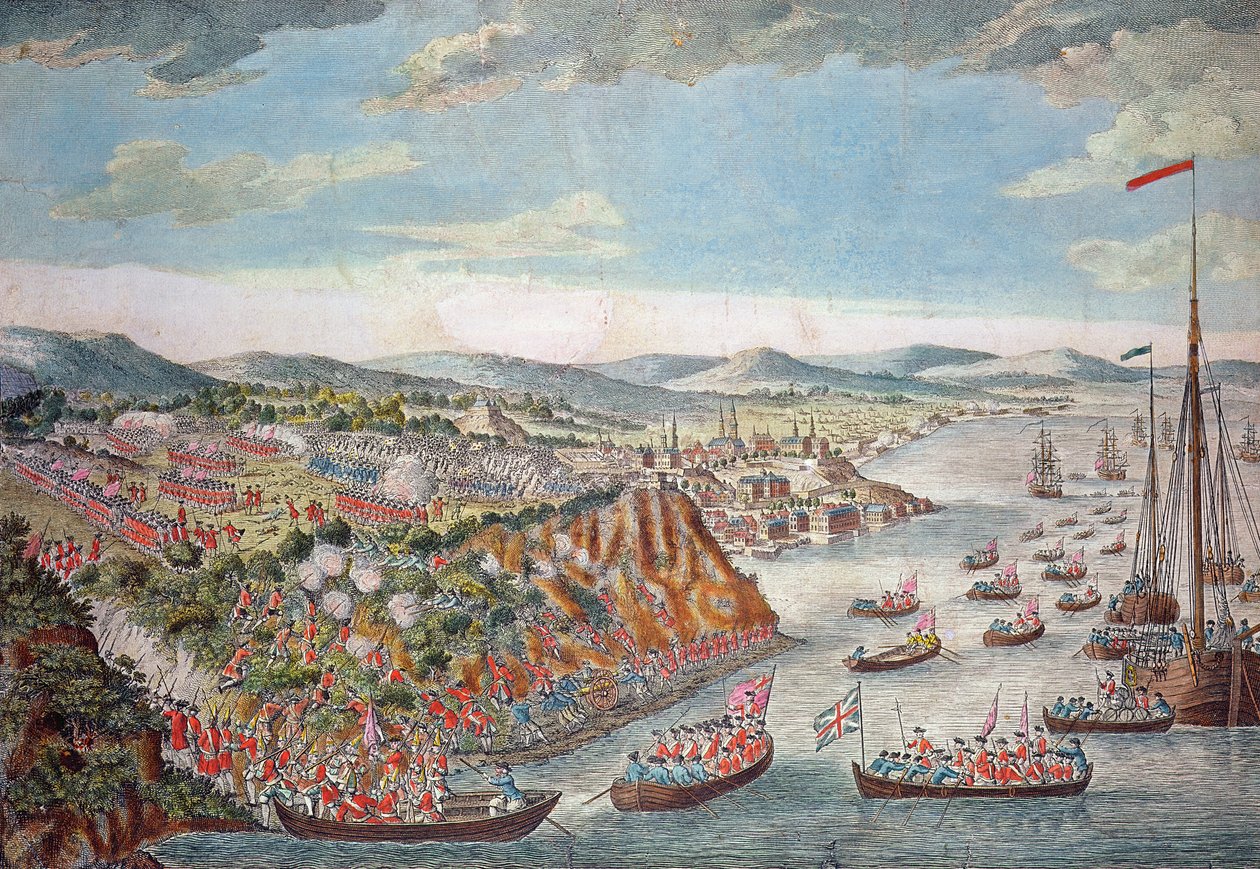 Pohled na dobytí Quebecu, 13. září 1759 (barevná rytina) od English School