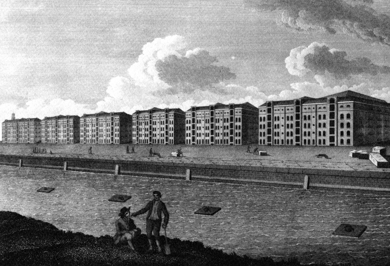 Pohled na sklady a západoindický dok, 1803 od English School