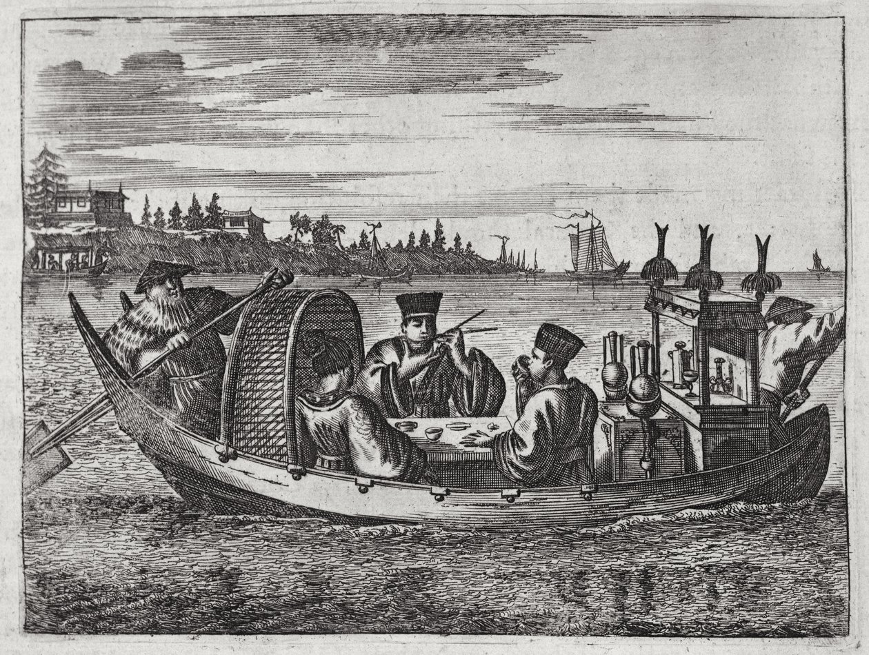 Bohatý mandarín večeřící na lodi, ilustrace z popisu vyslanectví v Číně, 1690 od English School