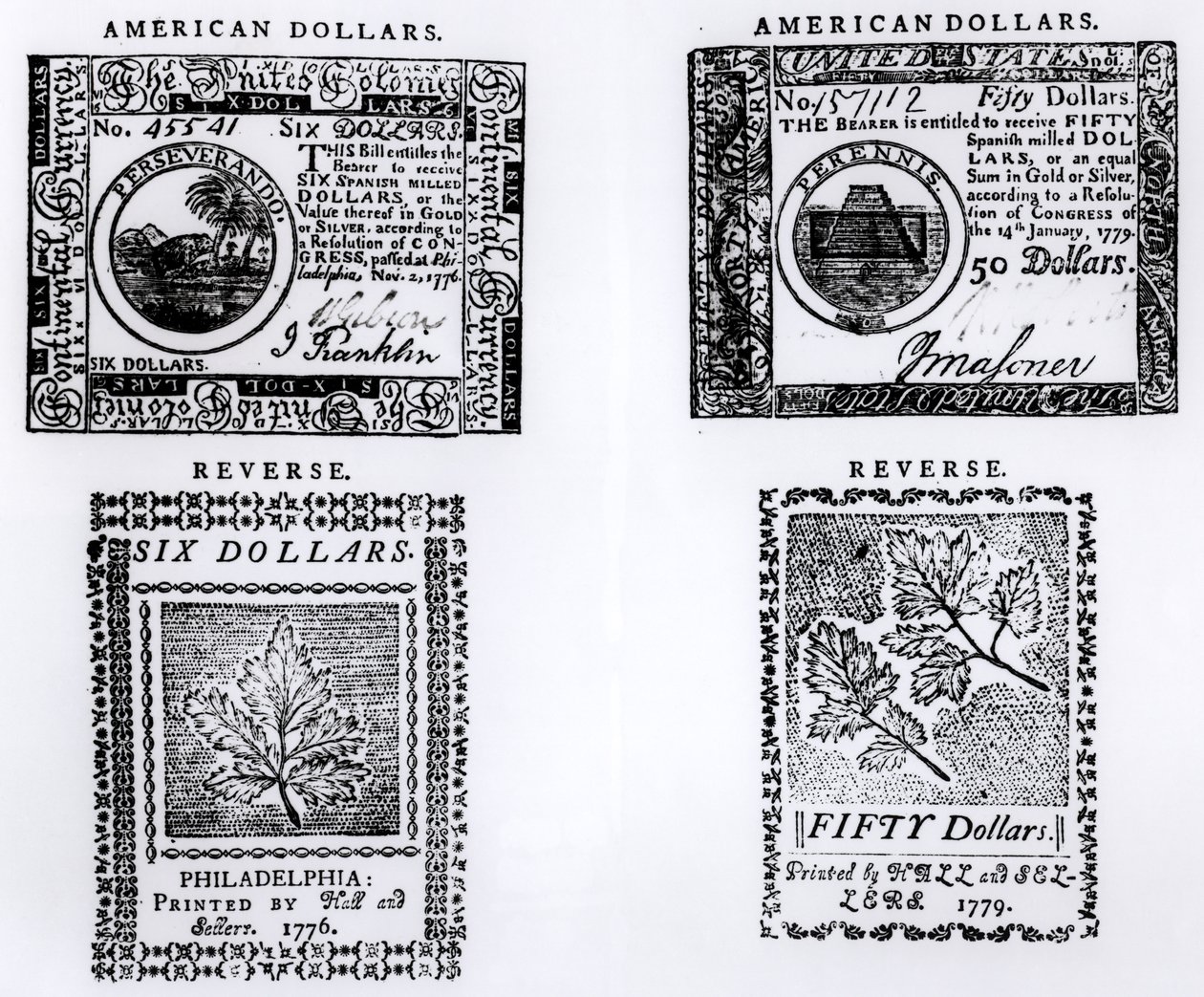 Koloniální šestidolarovka z roku 1776 a americká padesátidolarovka z roku 1779 od English School