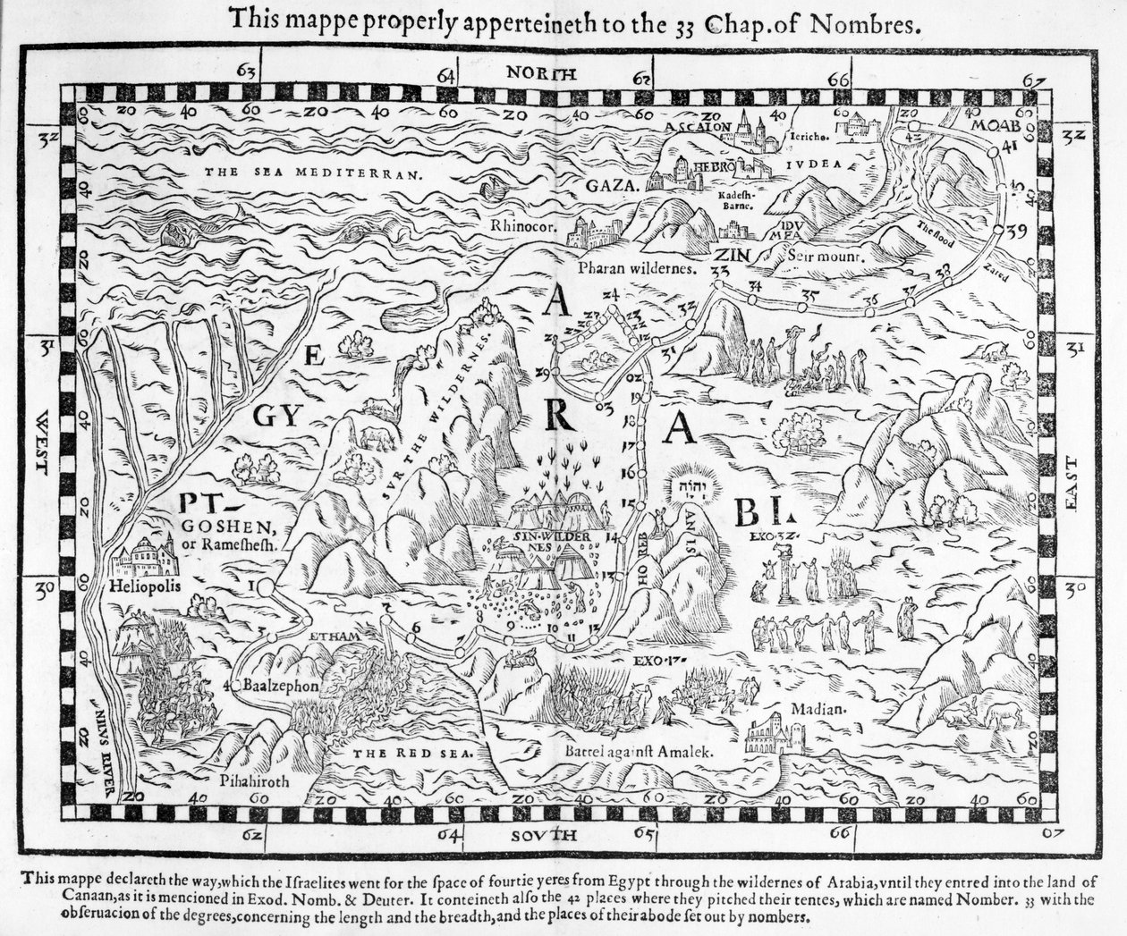 Mapa ukazující cestu Izraelitů z Egypta do Kanaánu, faksimile obrazu z Ženevské bible z roku 1560 od English School