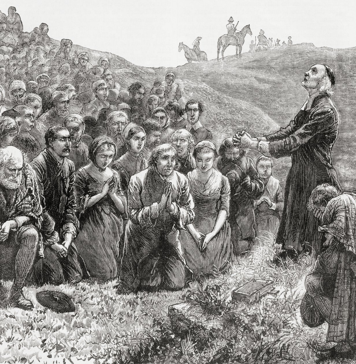 Modlitební setkání Covenanters v 17. století, ilustrace z „Our Own Magazine“, vydaného Misí zvláštních služeb pro děti, 1885 od English School