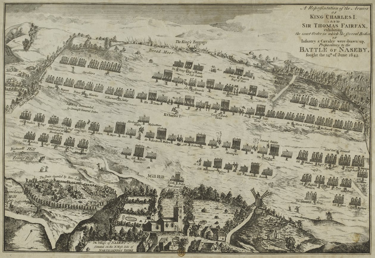 Reprezentace armád krále Karla I. a sira Thomase Fairfaxe s přesným rozkazem, příprava na bitvu u Naseby, 1645 od English School