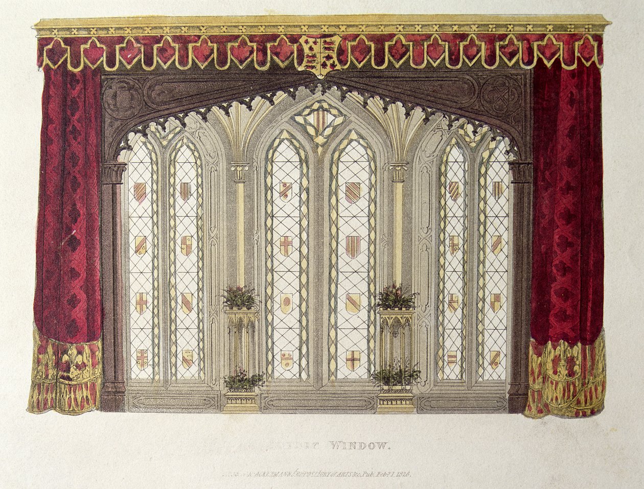 Sada pokračovacích francouzských závěsných okenních závěsů, deska 33 z Ackermanns Repository of Arts, vydáno 1811 od English School