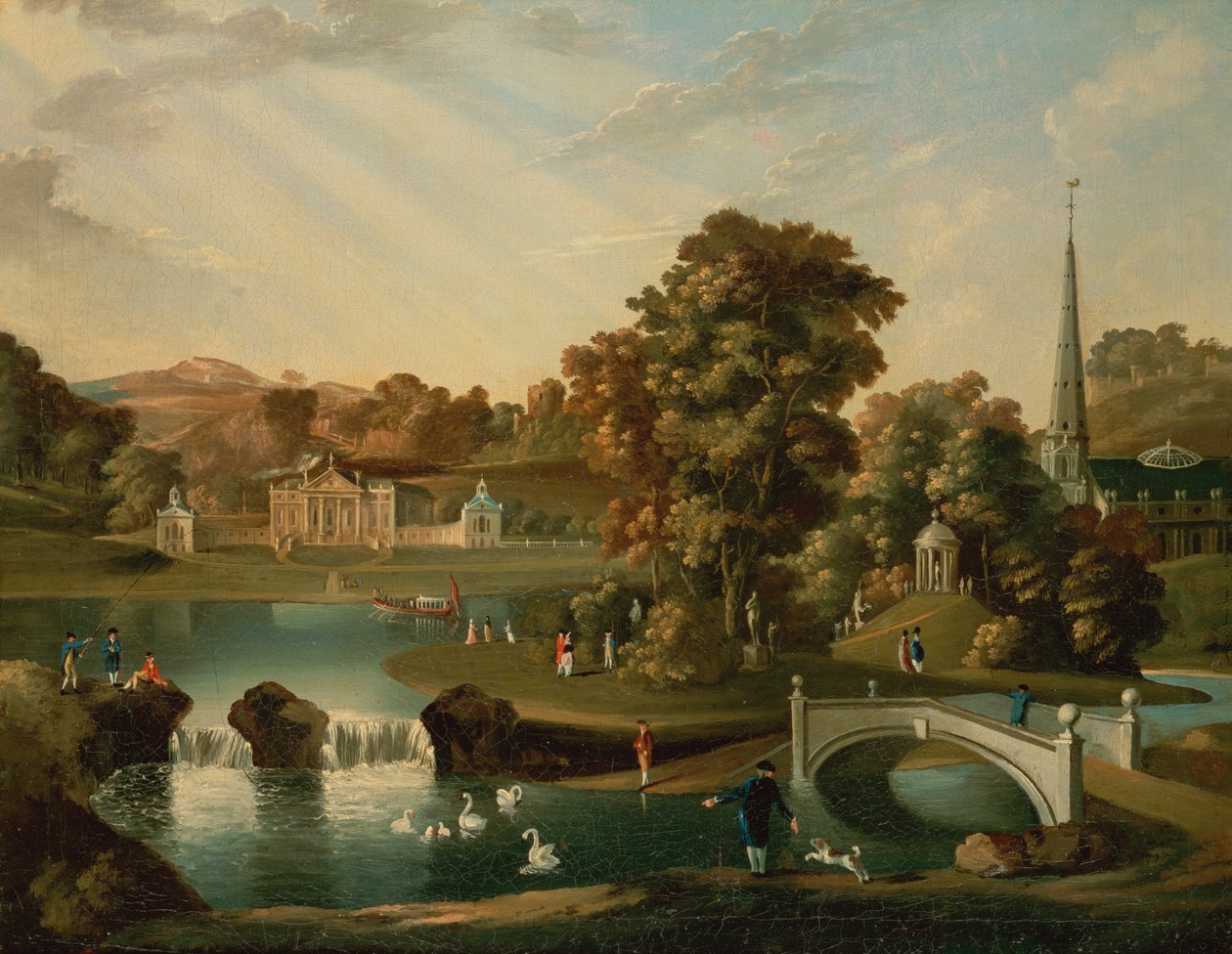 Pohled na Duncombe Park v North Yorkshire přes jezero od English School