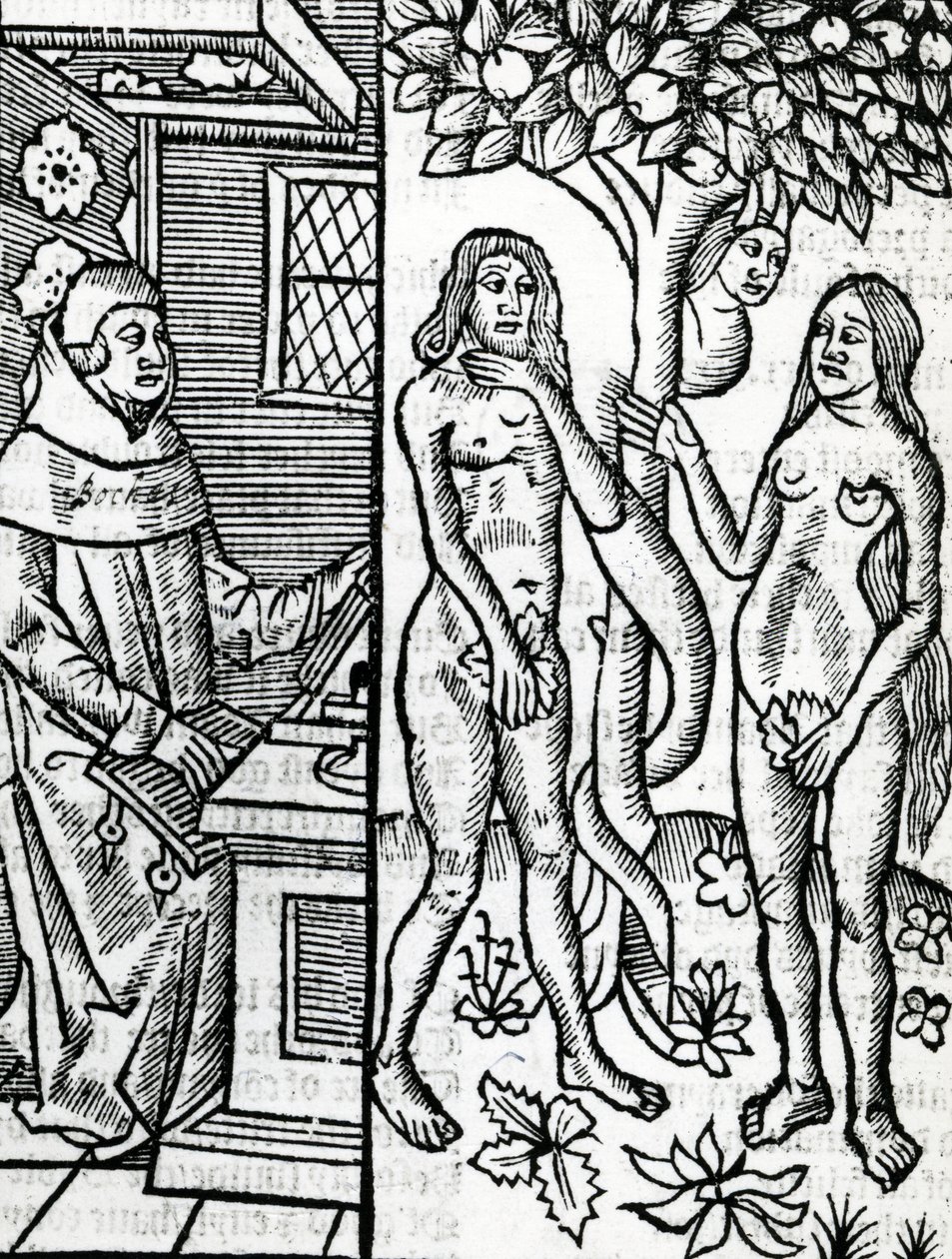 Adam a Eva, ilustrace z překladu Johna Lydgatea Boccaccia „O případech slavných mužů“, 1527 od English School
