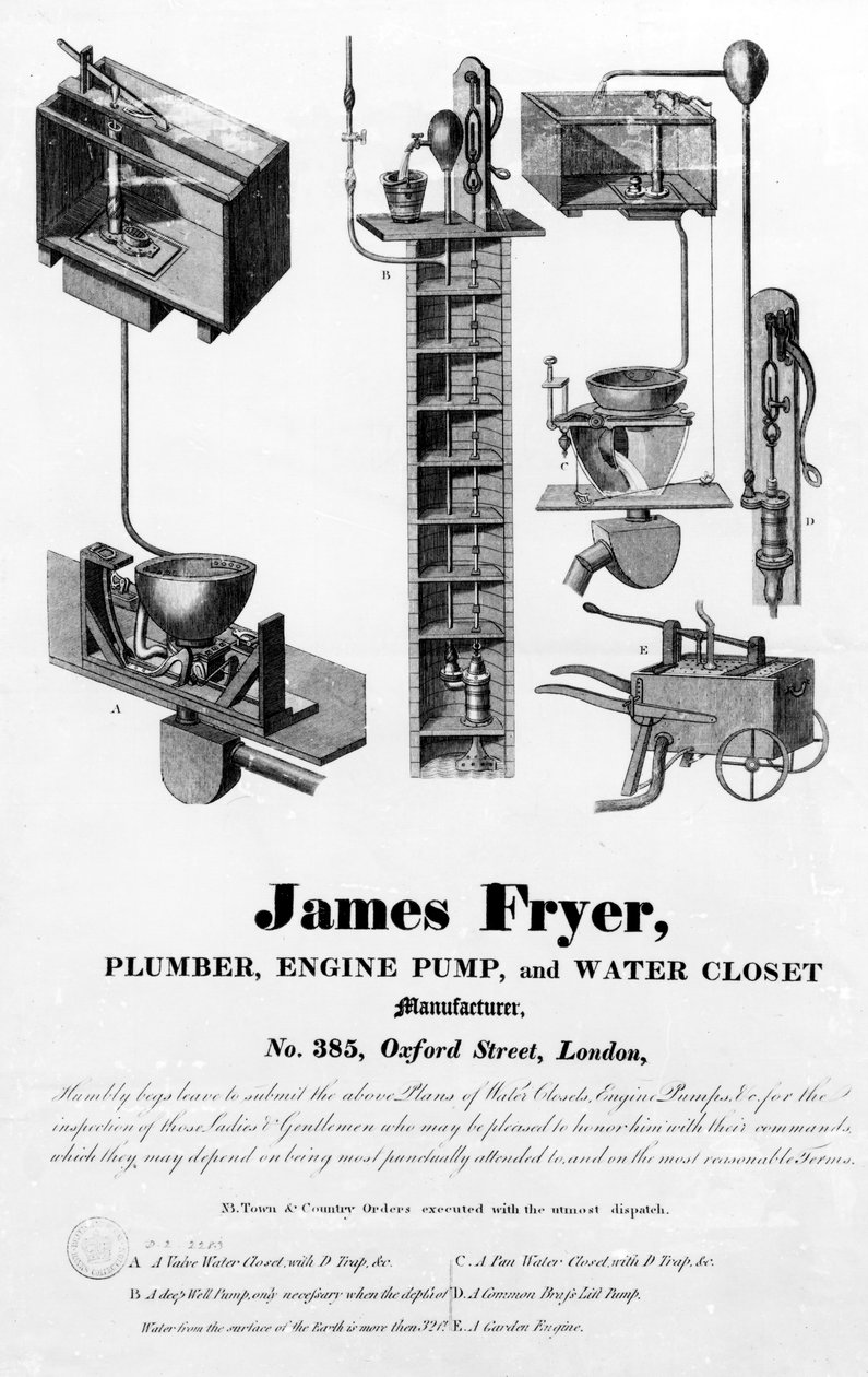 Inzerát "James Fryer, instalatér, výrobce motorových čerpadel a vodních skříní", od English School