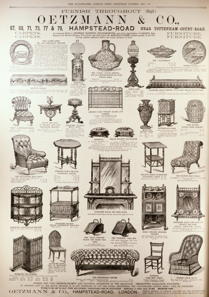 Reklama pro Oetzmann und Co., z „The Illustrated London News“, prosinec 1881 od English School