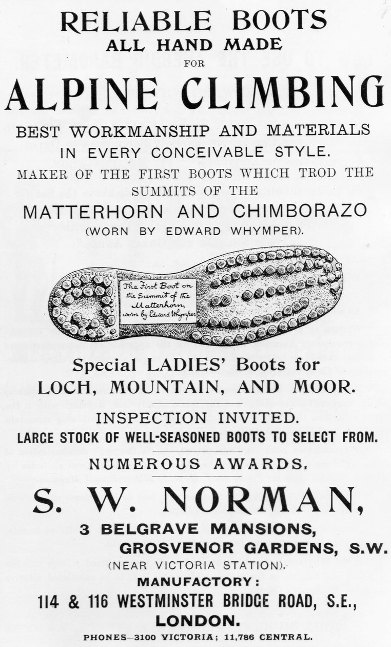 Reklama na horolezecké boty S. W. Norman, ilustrace z 