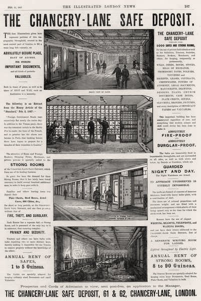 Reklama na The Chancery Lane Safe Deposit, z The Illustrated London News, 12. února 1887 od English School