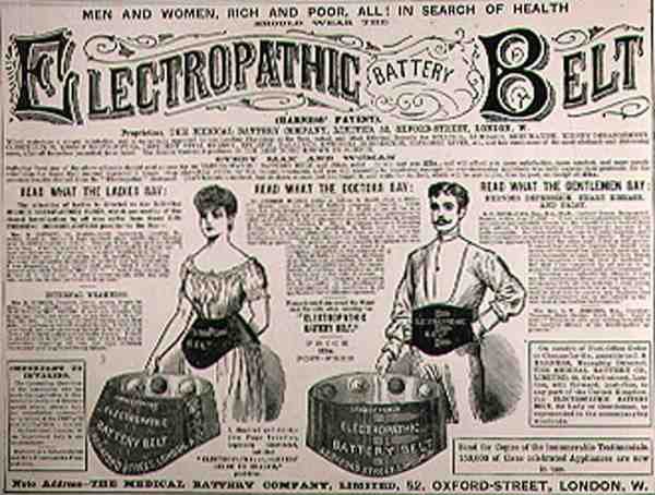 Reklama na elektropatický bateriový pás, z The Illustrated London News, 1. září 1886 od English School