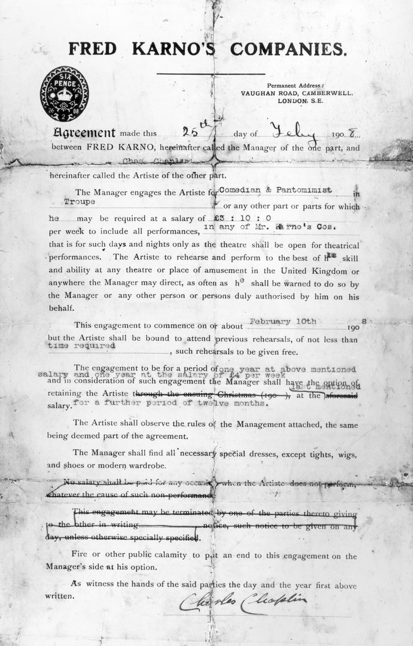 Dohoda uzavřená mezi společnostmi Freda Karna a Charlesem Chaplinem, 25. července 1908 (tisk) od English School